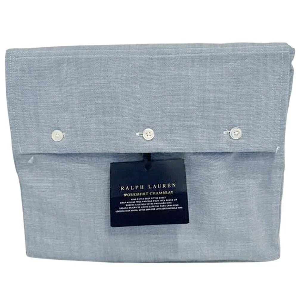 NEW $245 Ralph Lauren Chambray Workshirt King Sheet!  King Flat  Blue  Cotton